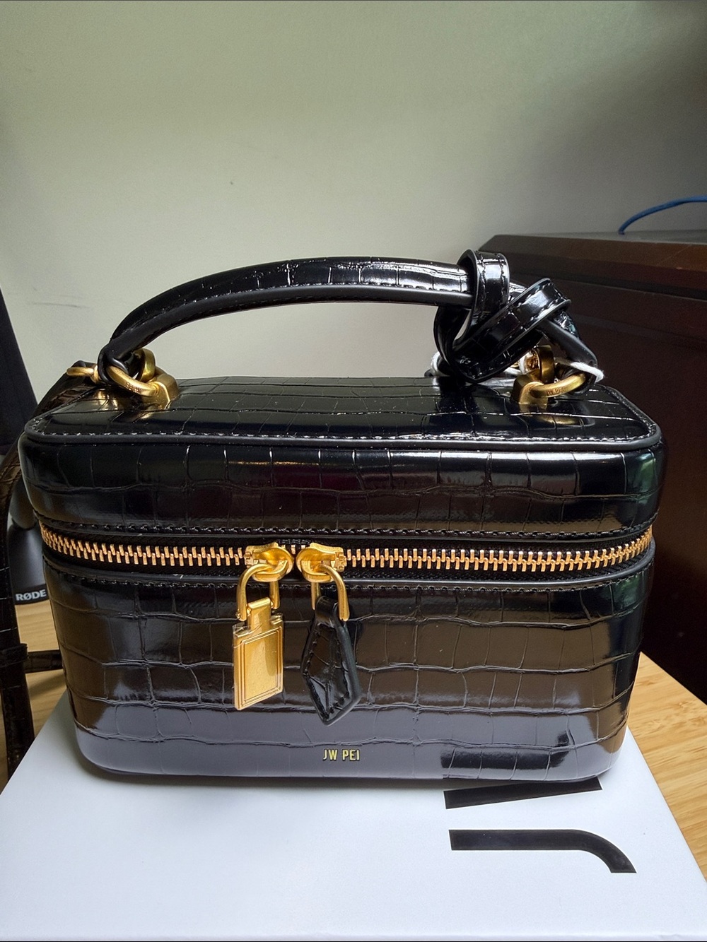 JW PEI Cleo Black Croc-Embossed Box Top-Handle